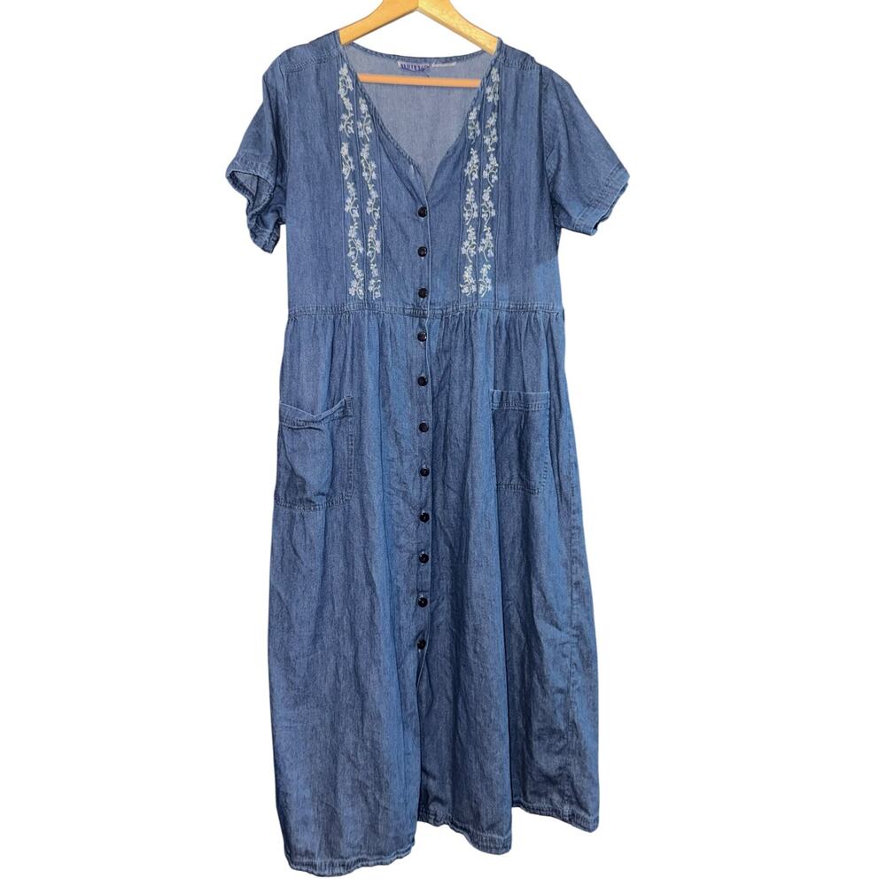 Vintage Embroidered Denim Jumper Dress Women's Medium Maxi Floral Cottage ~Flaw